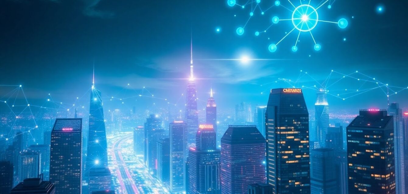 thumbnail Futuristic city with data streams and AI patterns.