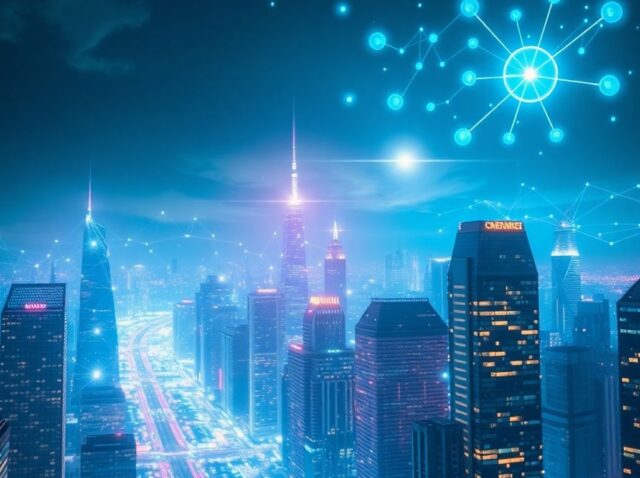 Futuristic city with data streams and AI patterns.