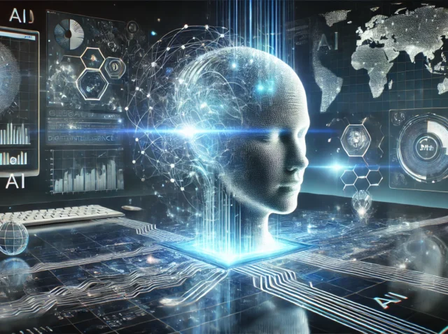 DALL·E 2025-11-12 14.04.15 - A futuristic business environment symbolizing the fusion of data and artificial intelligence. Glowing data streams flow into a digital human head or r
